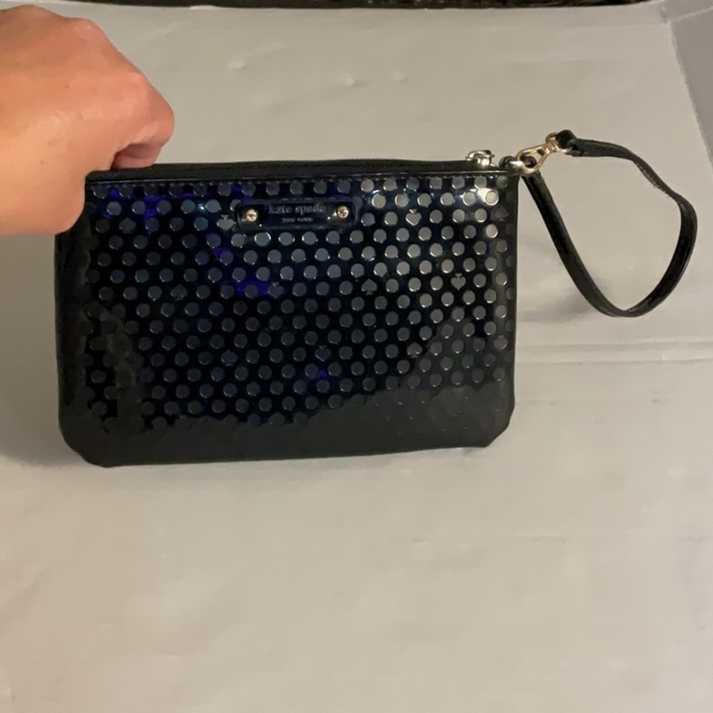 Kate Spade shiny black wristlet w/dots & logo spades